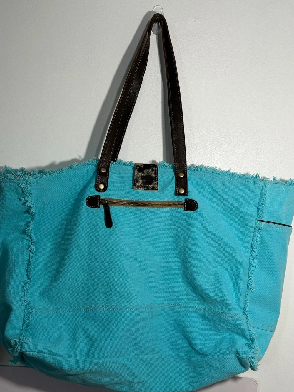 Myra Bag Turquoise Patterned Tote Bag with Calf Hair Accent